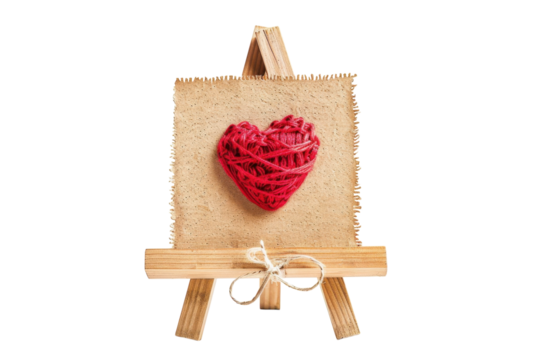 A handmade red yarn heart displayed on a small wooden easel surrounded by a minimalist setting for a heartfelt message or decoration isolated on transparent background - Powered by Adobe