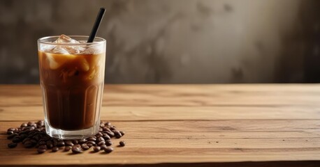 Iced coffee in glass, coffee beans on wood table,  breakfast,  beverage,  delicious