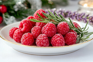 Festive Raspberry Collection with Rosemary Sprigs - Ideal for Food Blogs and Culinary Magazines