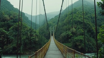 Suspension bridge crossing jungle river, misty mountains