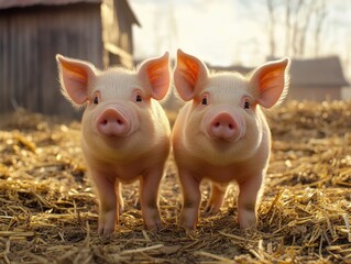 Cute and Playful Piglets in a Barnyard Setting Amidst Straw with Warm Light from the Sunset Creating a Charming Rural Scene
