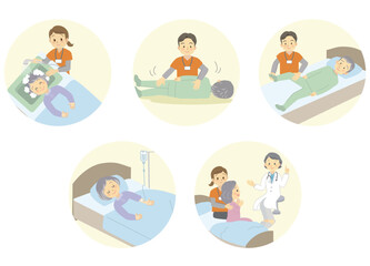 訪問看護のサービス内容＿カットイラストのセット5点＿丸枠デザイン
