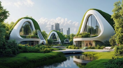 A clean and futuristic residential area with eco-friendly homes surrounded by green space.