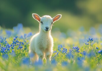 Fototapeta premium Cute Baby Goat Standing in a Field of Blue Wildflowers Under Soft Morning Light, Capturing the Essence of Springtime and Serene Nature Beauty