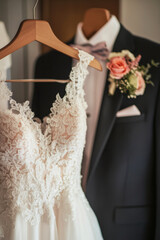 Elegant wedding dress and groom suit with boutonniere on wooden hangers. Preparing for marriage ceremony at wedding day