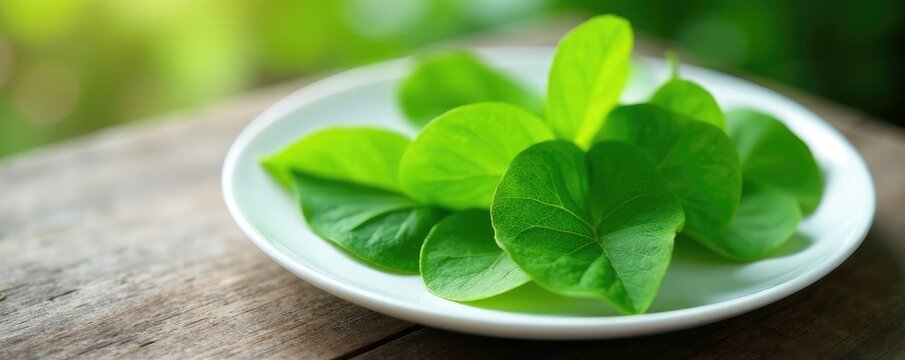 Fresh Tinospora cordifolia leaves on a white plate, Giloy, garden