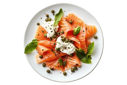 Smoked salmon carpaccio with capers and fresh herbs in a white plate isolated on white or transparent, PNG