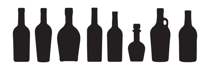 Set of alcohol bottle. Black silhouette of a vessel for various types of drinks. Wine, beer, rum, whiskey, liquor, cognac. Black illustration on white background.