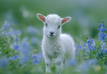 Fototapeta premium Cute White Goat Kid Standing Among Vibrant Blue Wildflowers in a Lush Green Meadow, Nature’s Beauty, Soft Focus, Springtime Scene