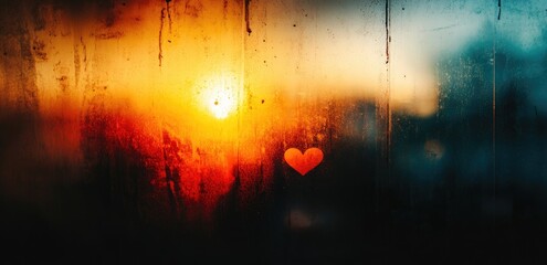Obraz premium Abstract Blurred Background with Heart Drawn on Fogged Window at Sunset. Romantic Love Concept for Valentine's Day, Couples, or Wedding Themes