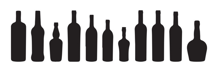 Set of alcohol bottle. Black silhouette of a vessel for various types of drinks. Wine, beer, rum, whiskey, liquor, cognac. Black illustration on white background.