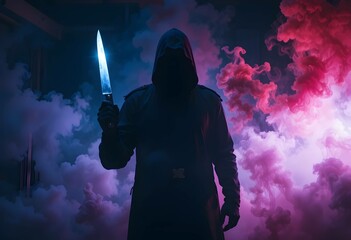 shadowy, hooded figure holding a knife in swirling colored smoke.  suspenseful, mysterious or ominous atmosphere. Suitable for thriller, horror, crime or fantasy themes.