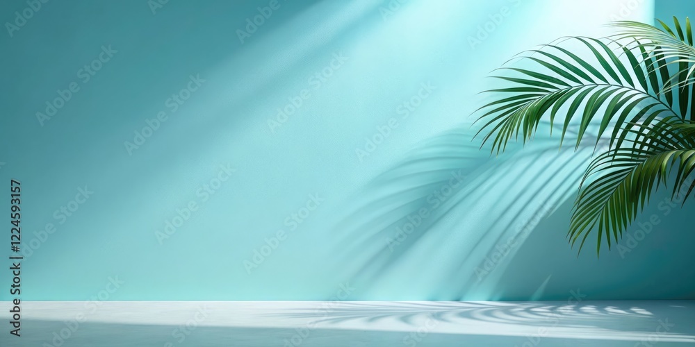 Aufkleber shadow from palm leaves on blue wall. minimal abstract background for product presentation. spring a