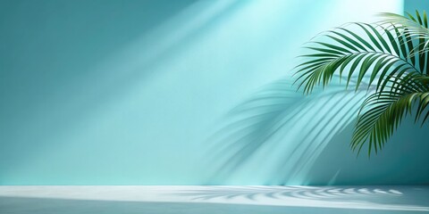 Shadow from palm leaves on blue wall. Minimal abstract background for product presentation. Spring and summer.