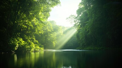 Lush green forest with sunlight streaming through trees, reflect