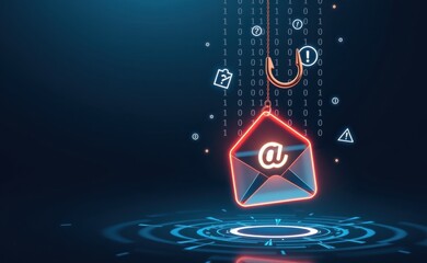 A digital illustration of a glowing red email envelope hooked by a phishing hook, symbolizing cyber threats, email scams, phishing attacks, and online fraud in a futuristic cybersecurity concept.