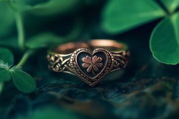 Fototapeta premium Close up of a stunning claddagh ring featuring a four leaf clover, resting on a dark surface with green clovers behind