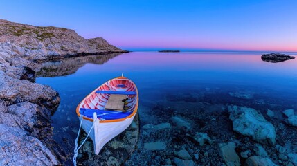 Serene sunrise over calm bay, small boat at shore, rocky coast