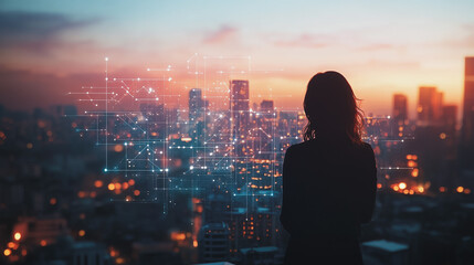 Abstract business woman stands on Smart digital Innovation city with connection network reciprocity over the twilight cityscape. of future wireless digital city and social media networking systems