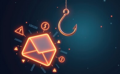 A digital illustration of a glowing red email envelope hooked by a phishing hook, symbolizing cyber threats, email scams, phishing attacks, and online fraud in a futuristic cybersecurity concept.