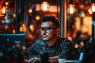 Young man working intently on a laptop in a cozy caf? with warm lighting and blurred background