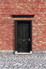Fototapeta premium Brick Wall with Black Door and Window