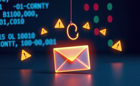 A digital illustration of a glowing red email envelope hooked by a phishing hook, symbolizing cyber threats, email scams, phishing attacks, and online fraud in a futuristic cybersecurity concept.