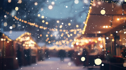 Naklejka premium Magical Winter Night Christmas Market Scene with Blurry Lights and Falling Snow