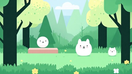 Cute Cartoon Animals in a Serene Forest Setting
