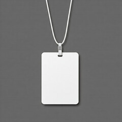 blank price tag on grey background. Empty layout layout on grey background. Common blank label name tag hanging on neck with thread.