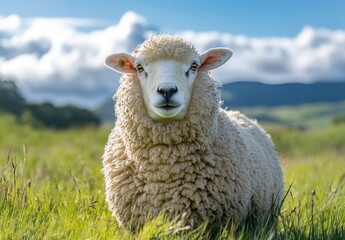 Fototapeta premium Happy Sheep with Fluffy White Fur Grazing on Green Grass in a Vibrant Pasture Under a Bright Blue Sky Surrounded by Scenic Hills and Clouds