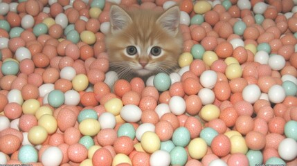 Cute Kitten Playing in Pastel Easter Eggs