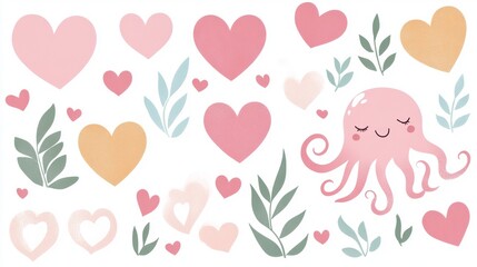 Cute Octopus with Hearts and Leaves Pattern