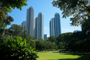 Obraz premium Modern Cityscape Lush Green Park with Tall Skyscrapers Under a Bright Blue Sky