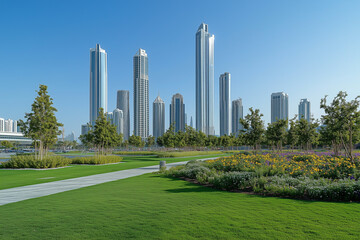 Obraz premium Modern City Park with Lush Greenery and Towering Skyscrapers Under a Bright Blue Sky