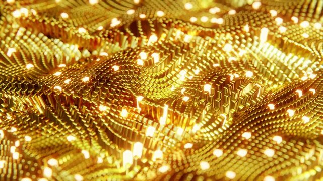 Animated wave moving structure of gold cubes with glare and radiance. Infinitely looped animation.