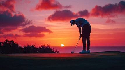 A golf player stands poised on the green, carefully focusing on the ball as the sun sets in a stunning display of orange and pink hues. The tranquil atmosphere complements the moment