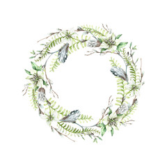 Spring wreath of fern leaves, feather, twigs, willow branches and white hellebore flowers. Round frame hand painted with watercolor isolated on white background. Element for Easter decor
