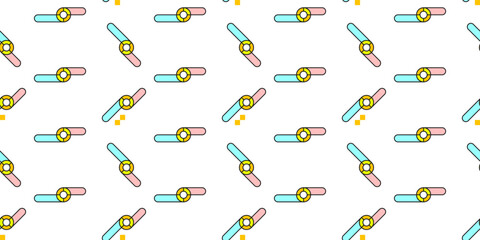 Seamless pattern with colorful wristwatches in pastel colors on a white background. The design features blue and pink watch bands with yellow watch faces, creating a playful and modern look