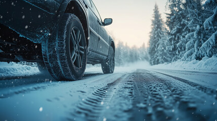 Snowy country road with car on winter day, closeup.