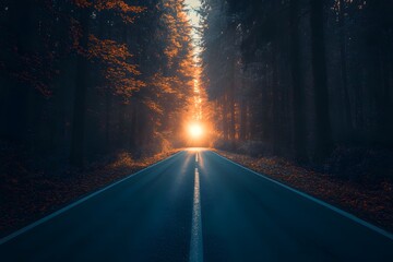 Empty highway road in the forest, evening view, truck light coming from the opposite side