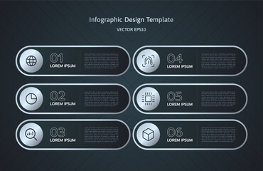 Horizontal Infographic Template for Business Presentation with Modern Design. Chrome Metallic Layout Featuring Numbers, Data and Icons for Web, Marketing, Technology Futuristic. Vector Graphic.
