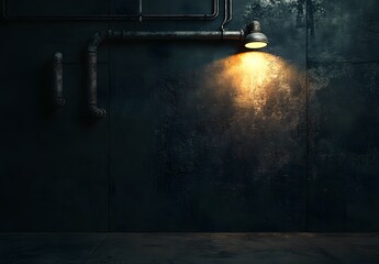 This image captures a dark, industrial-style wall adorned with visible metallic pipes and a single mounted light fixture. The warm, yellowish light from the fixture casts a soft glow