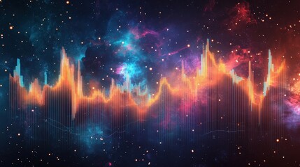 A dynamic financial chart glowing against a serene cosmic nebula.