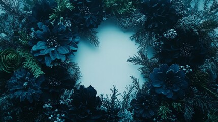Dark Blue Floral Wreath Winter Holiday Decoration