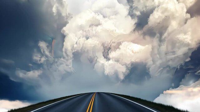 Dramatic clouds over empty highway evoke sense of endless journey and reflection on open road