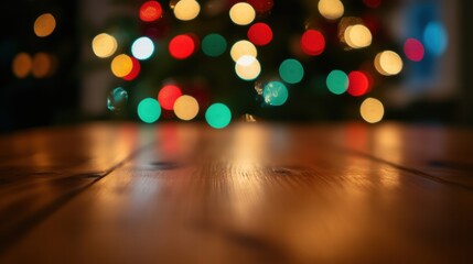 Matte wooden table with blurred christmas lights in bokeh