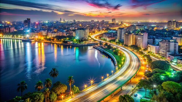 Dhaka Cityscape: Aerial Long Exposure of Harbor, Bay, and City Lights at Night, Bangladesh