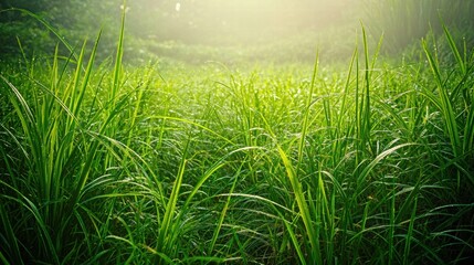 Obraz premium Morning sunlight on grassy hillside with mist and negative space