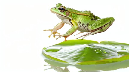 Obraz premium A green frog leaping from a lily pad.